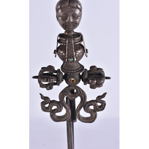 2748 - AN 18TH/19TH CENTURY TIBETAN TURQUOISE INSET SILVER SCEPTRE. 47 cm high.