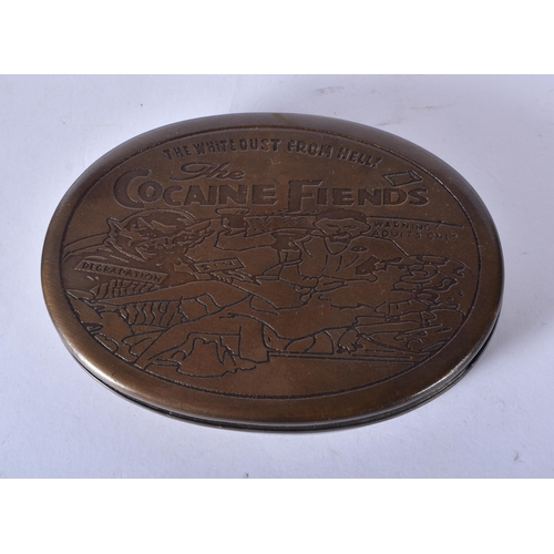 3004 - Two novelty brass cocaine tins. 3.5x13x8cm (2)