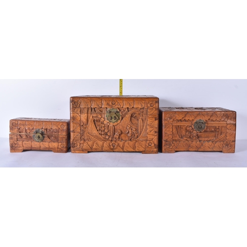 3043 - Three carved Chinese camphor wood boxes 20 x 30 x 19cm (3)
