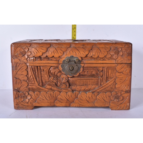 3043 - Three carved Chinese camphor wood boxes 20 x 30 x 19cm (3)