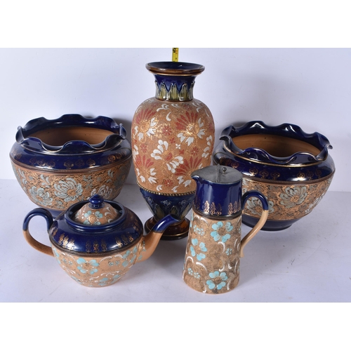 3152 - A collection of Royal Doulton stoneware items Jardinieres, teapot, vase etc 32cm (5)