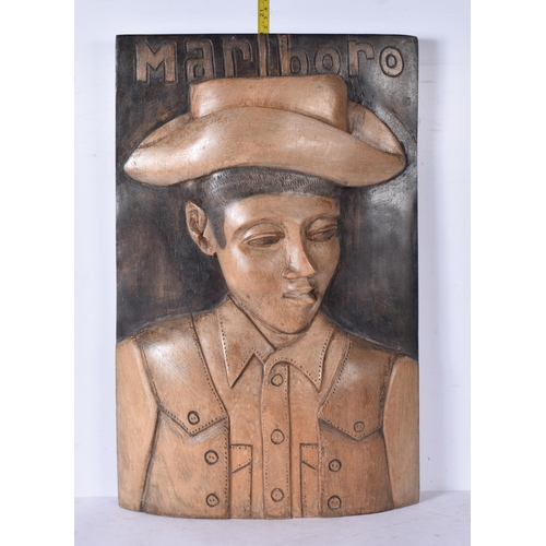 3188 - A Folk art carved wooden relief wall hanging Marlboro advertisement piece 51 x 32cm