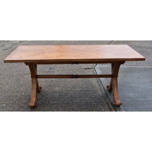3301 - A large parquetry top dining table with cross member scrolling legs 76 x 90 x 180cm