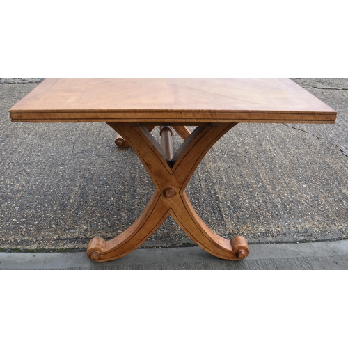 3301 - A large parquetry top dining table with cross member scrolling legs 76 x 90 x 180cm