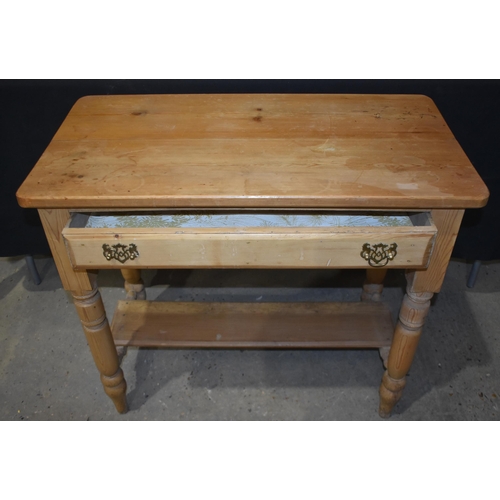 3321 - A vintage Pine one drawer table together with a Pine bookcase/shelf unit and a chair; table 74 x 85 ... 