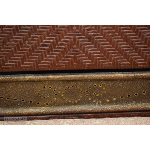 3323 - A metal framed and Rattan Sofa with upholstered seat attributed to Maitland Smith 84 x 157cm