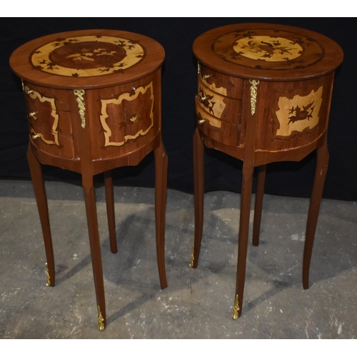3344 - Two inlaid and gilt metal mounted three drawer bedside cabinets 70 x 34cm (2)