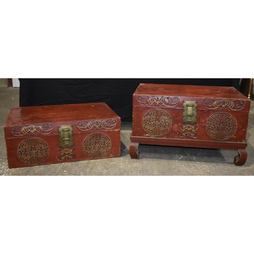 3345 - A pair of early 20th Century Chinese lacquered wood and leather chests 46 x 74 x 47cm (2)