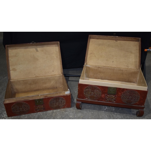 3345 - A pair of early 20th Century Chinese lacquered wood and leather chests 46 x 74 x 47cm (2)