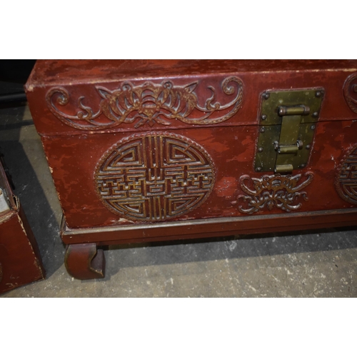 3345 - A pair of early 20th Century Chinese lacquered wood and leather chests 46 x 74 x 47cm (2)