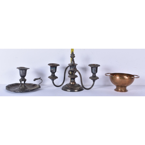 3380 - An antique silver plate Candelabra together with a silver plate Chamber Stick and a copper Vessel  1... 