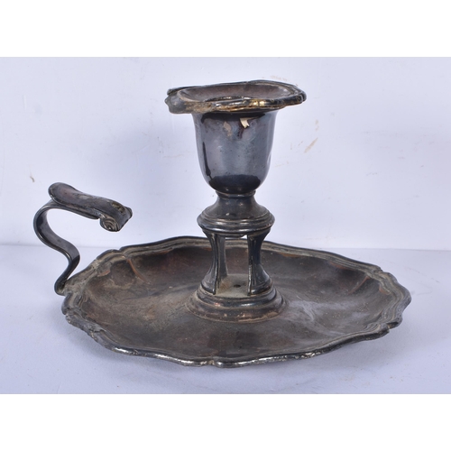 3380 - An antique silver plate Candelabra together with a silver plate Chamber Stick and a copper Vessel  1... 