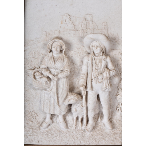 3394 - A framed marble relief Plaque of field workers together with a two other picture frames .Plaque 14.4... 
