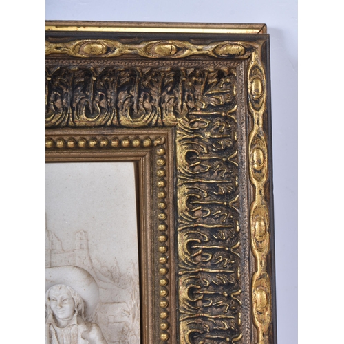 3394 - A framed marble relief Plaque of field workers together with a two other picture frames .Plaque 14.4... 