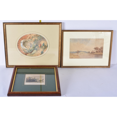 3421 - A framed 19th Century watercolour of a birds nest together with a small engraving of Durham and a fr... 