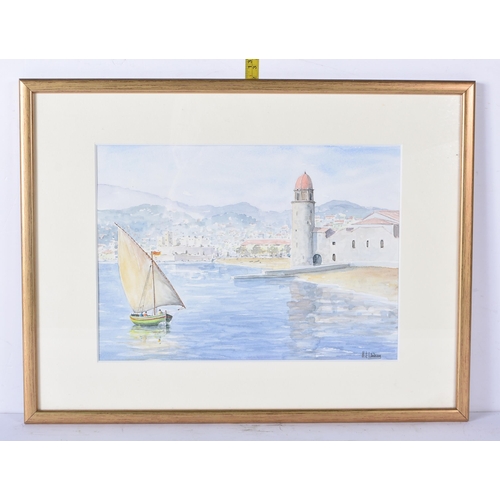 3423 - A framed watercolour of a European coastal scene signed M J Lindsay 20 x 27.5cm
