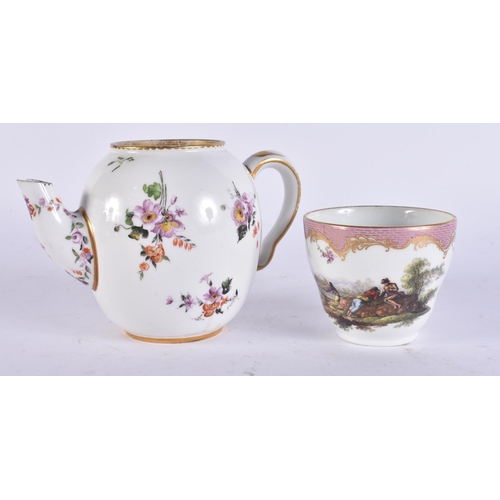 101 - AN 18TH/19TH CENTURY FRENCH SEVRES PORCELAIN TEAPOT together with a Meissen cup. Largest 14 cm wide.... 