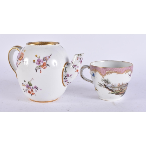 101 - AN 18TH/19TH CENTURY FRENCH SEVRES PORCELAIN TEAPOT together with a Meissen cup. Largest 14 cm wide.... 