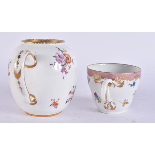 101 - AN 18TH/19TH CENTURY FRENCH SEVRES PORCELAIN TEAPOT together with a Meissen cup. Largest 14 cm wide.... 