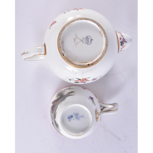 101 - AN 18TH/19TH CENTURY FRENCH SEVRES PORCELAIN TEAPOT together with a Meissen cup. Largest 14 cm wide.... 