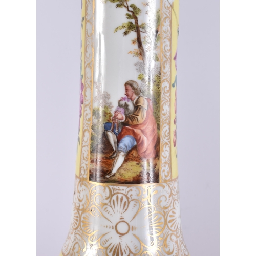 104 - A VERY LARGE PAIR OF 19TH CENTURY GERMAN PORCELAIN BOTTLE VASES AND COVERS painted with lovers in la... 