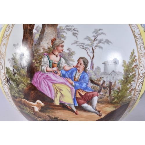 104 - A VERY LARGE PAIR OF 19TH CENTURY GERMAN PORCELAIN BOTTLE VASES AND COVERS painted with lovers in la... 