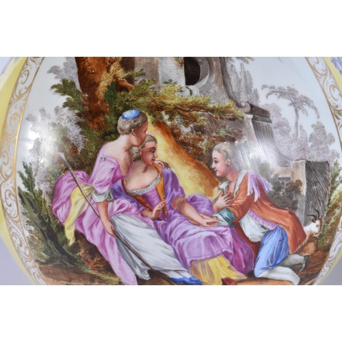 104 - A VERY LARGE PAIR OF 19TH CENTURY GERMAN PORCELAIN BOTTLE VASES AND COVERS painted with lovers in la... 