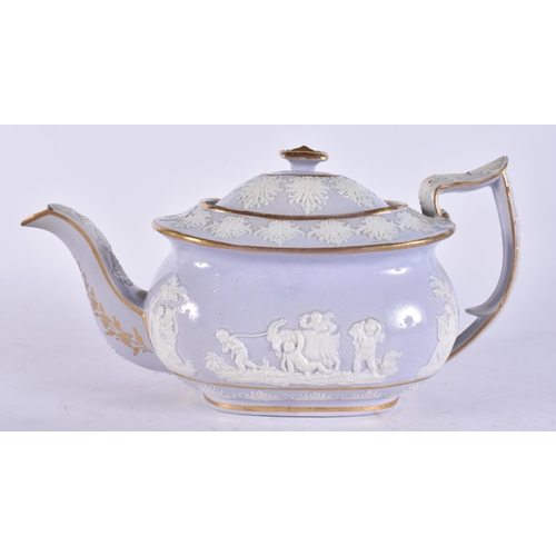 106 - AN EARLY 19TH CENTURY ENGLISH LAVENDER GLAZED TEAPOT AND COVER decorated in relief with classical sc... 