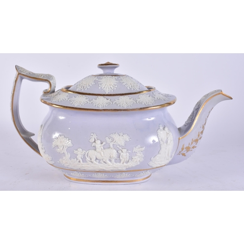106 - AN EARLY 19TH CENTURY ENGLISH LAVENDER GLAZED TEAPOT AND COVER decorated in relief with classical sc... 