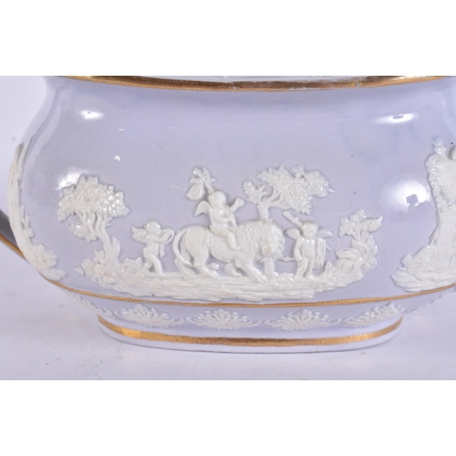 106 - AN EARLY 19TH CENTURY ENGLISH LAVENDER GLAZED TEAPOT AND COVER decorated in relief with classical sc... 