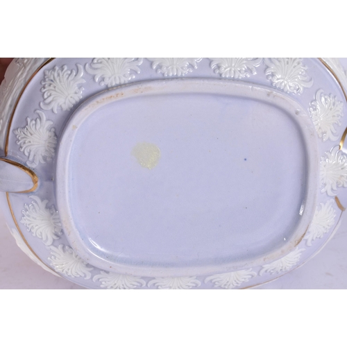 106 - AN EARLY 19TH CENTURY ENGLISH LAVENDER GLAZED TEAPOT AND COVER decorated in relief with classical sc... 