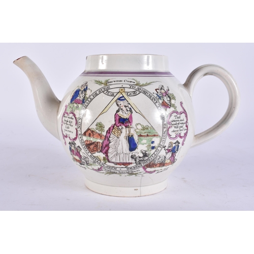 107 - A RARE EARLY 19TH CENTURY ENGLISH MASONIC POTTERY TEAPOT decorated with various scenes. 19 cm wide.