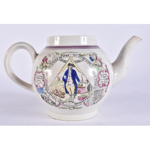 107 - A RARE EARLY 19TH CENTURY ENGLISH MASONIC POTTERY TEAPOT decorated with various scenes. 19 cm wide.