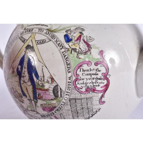 107 - A RARE EARLY 19TH CENTURY ENGLISH MASONIC POTTERY TEAPOT decorated with various scenes. 19 cm wide.