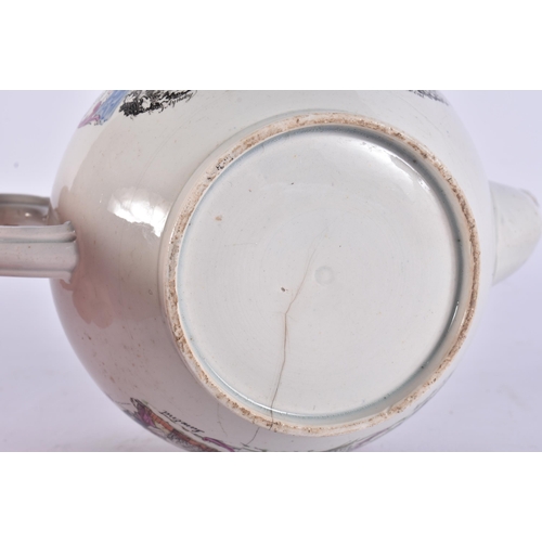 107 - A RARE EARLY 19TH CENTURY ENGLISH MASONIC POTTERY TEAPOT decorated with various scenes. 19 cm wide.