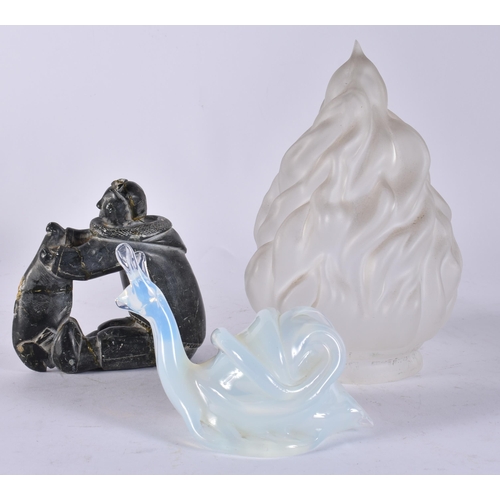 111 - A FRENCH GLASS SNAIL together with an Inuit figure & a frosted glass shade. (3)