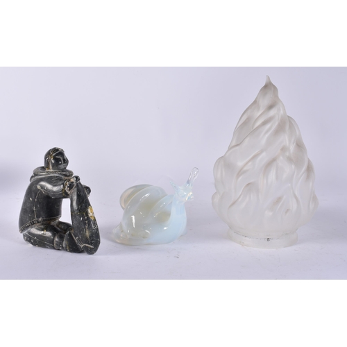 111 - A FRENCH GLASS SNAIL together with an Inuit figure & a frosted glass shade. (3)