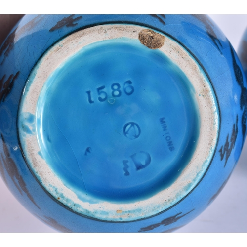 112 - A RARE PAIR OF MINTON TURQUOISE GLAZED VASES painted in the Chinese style with bats. 27.5 cm high.