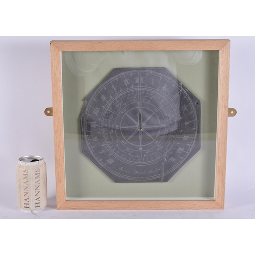 114 - A FRAMED GEORGE III JAMES WALSH SLATE SUNDIAL. 38 cm square, slate 25.5 cm wide.