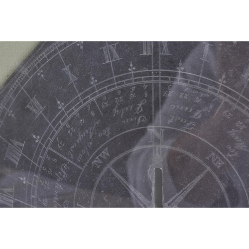 114 - A FRAMED GEORGE III JAMES WALSH SLATE SUNDIAL. 38 cm square, slate 25.5 cm wide.