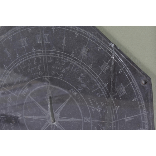 114 - A FRAMED GEORGE III JAMES WALSH SLATE SUNDIAL. 38 cm square, slate 25.5 cm wide.