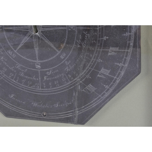 114 - A FRAMED GEORGE III JAMES WALSH SLATE SUNDIAL. 38 cm square, slate 25.5 cm wide.