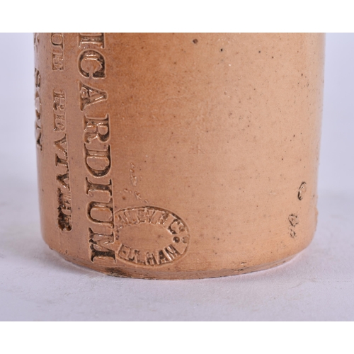 132 - AN ANTIQUE ENGLISH LONDON FULHAM STONEWARE WINNS ANTICARDIUM JAR. 11 cm high.