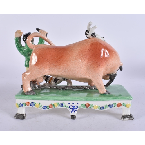133 - AN ANTIQUE STAFFORDSHIRE BULL BEATING CAPTAIN FIGURAL GROUP. 17 cm x 14 cm.