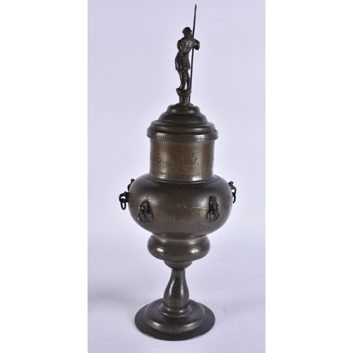 149 - AN UNUSUAL EARLY 18TH CENTURY EUROPEAN PEWTER GUILD VASE AND COVER C1711. 47 cm high.