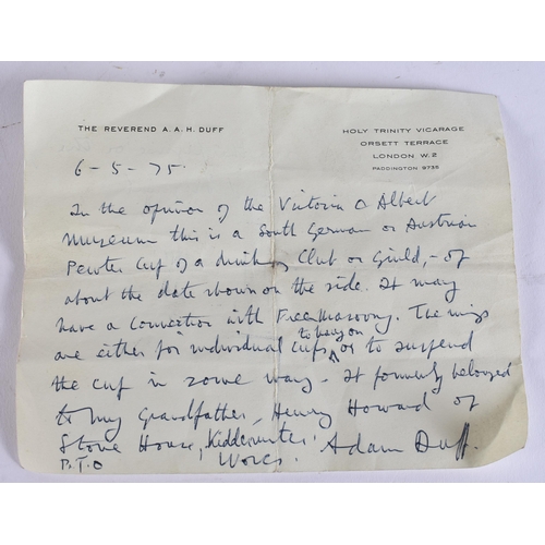 149 - AN UNUSUAL EARLY 18TH CENTURY EUROPEAN PEWTER GUILD VASE AND COVER C1711. 47 cm high.