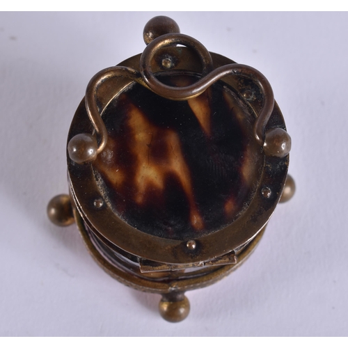 165 - AN UNUSUAL EARLY VICTORIAN MINIATURE TORTOISESHELL DRUM RING BOX. 3.5 cm x 3.5 cm.