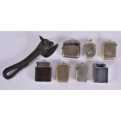 63 - A VICTORIAN BULLY BEEF CAN OPENER together with vesta cases etc. (qty)