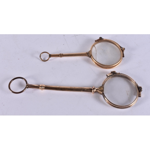 81 - TWO PAIRS OF YELLOW METAL LORGNETTES. Largest 13.5 cm long. (2)