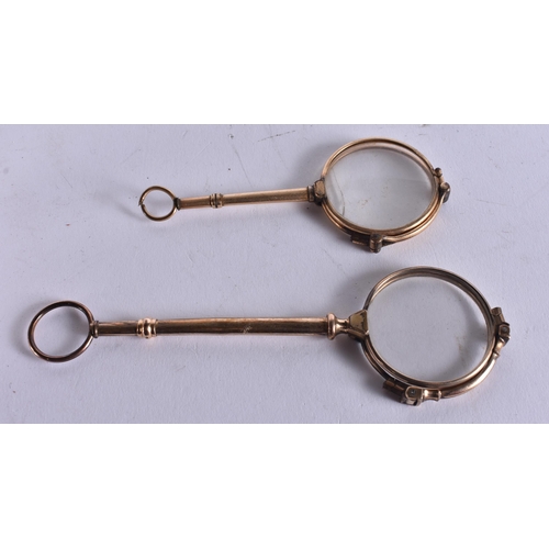 81 - TWO PAIRS OF YELLOW METAL LORGNETTES. Largest 13.5 cm long. (2)